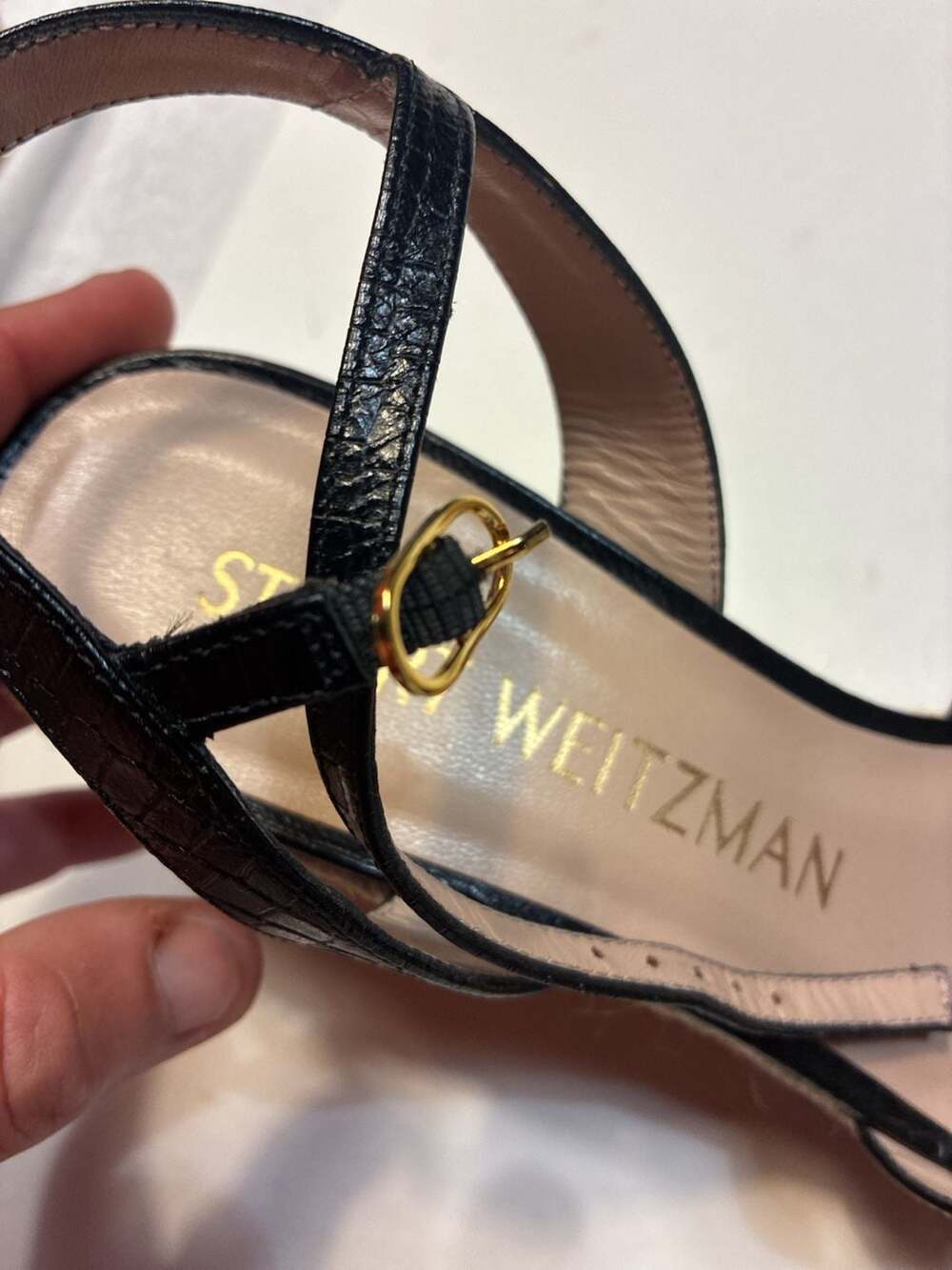 Stuart Weitzman Dayna Black Croc-Embossed Leather Espadrille Wedge Sandals - Picture 4 of 12